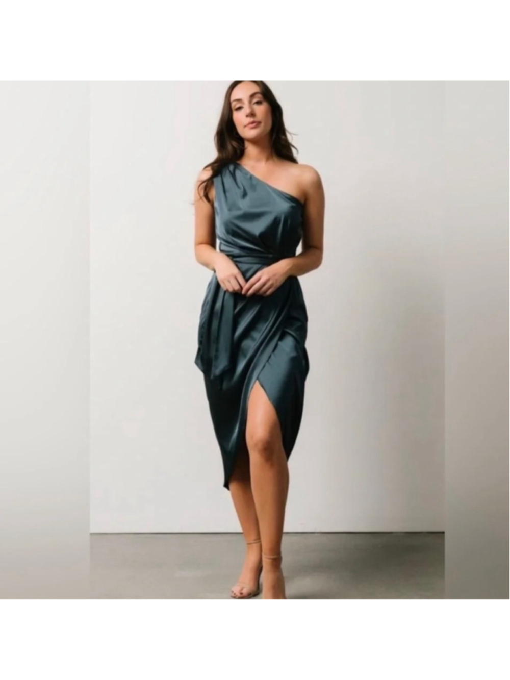 NEW w tags Baltic Born Celia One Shoulder Satin Midi Dress L Midnight Blue